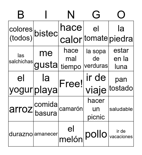 Naturaleza y Comida Bingo Card