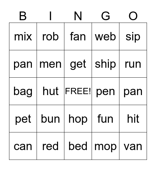 Short Vowel Mix Bingo Card