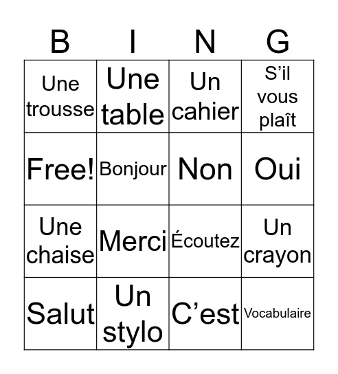 On y va liste 1 (classroom) Bingo Card