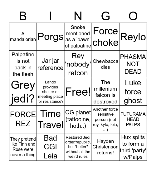 Star Wars Episode 9 Bingo! Bingo Card