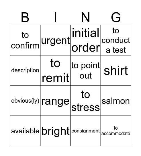 Unit 11 - Orders Bingo Card