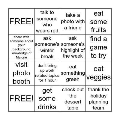 Jing Mei Staff Holiday Party Bingo Card