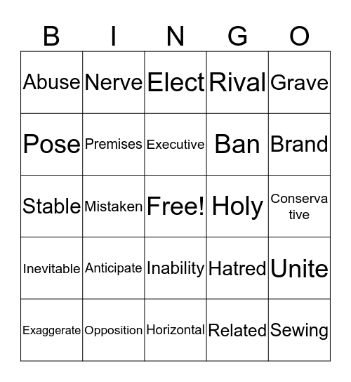 Vocabulary Bingo Card