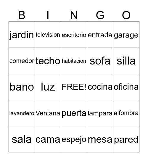 Parts of the house Bingo Card