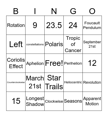 Earth's Motions Bingo Card
