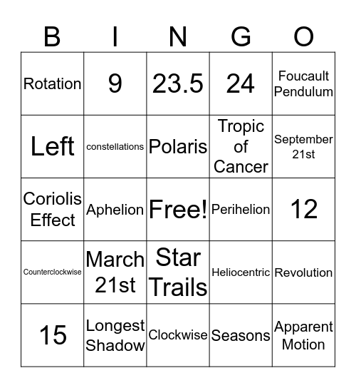 Earth's Motions Bingo Card