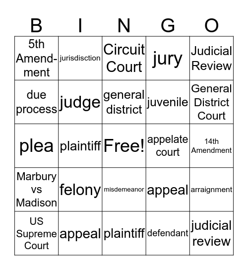 Unit 5 Judicial Branch Bingo Card