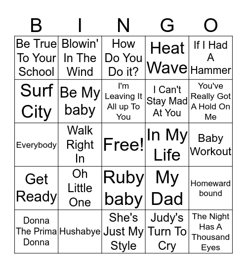 60's hits Bingo Card