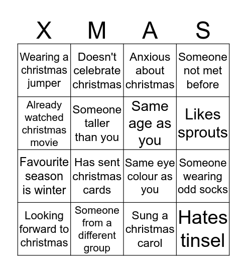 Christmas Getting To Know You Bingo Card
