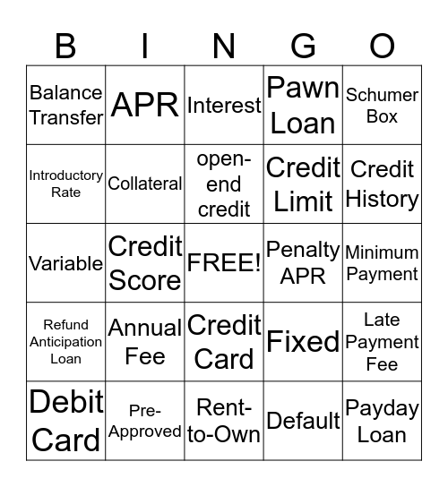 Credit Review Bingo Card