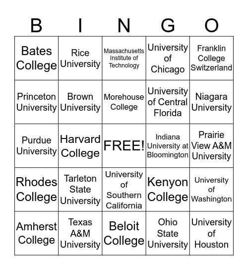 University Bingo!!!! Bingo Card