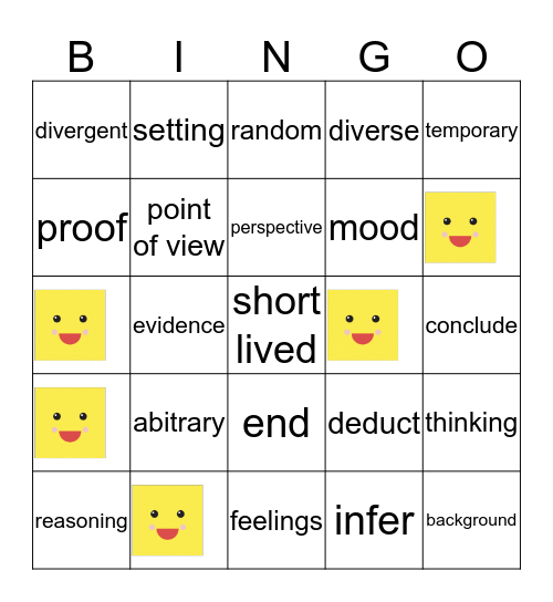 non content vocabulary Bingo Card