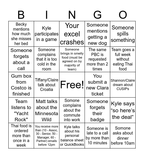 Busy Season Bingo Card