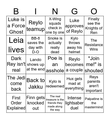 Rise of Skywalker Bingo Card