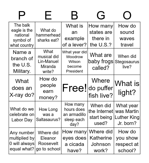 PebbleGo.com by Capstone Bingo Card