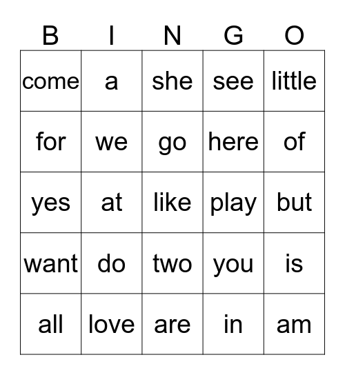 Sight Word Bingo Card