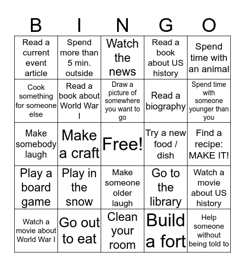 Goodberlet Winter Break Bingo Card