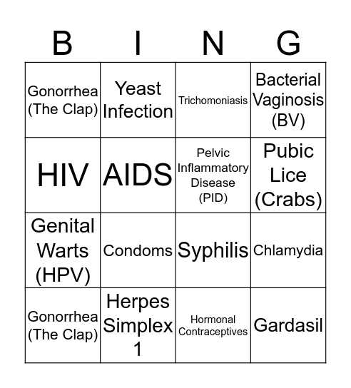STD/HIV Bingo Card