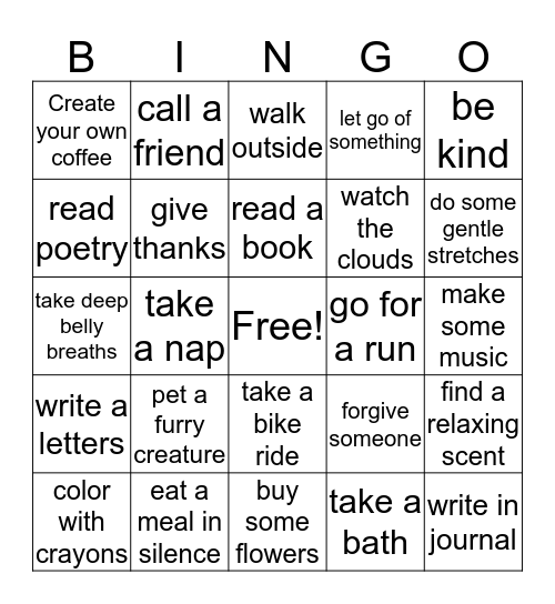 Ways To Take  A Break Bingo Card