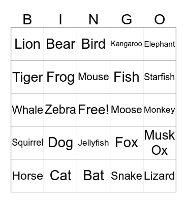 Animal Bingo Card
