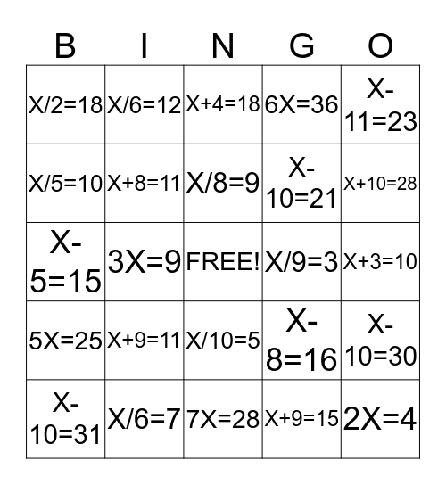 Equation Bingo Card