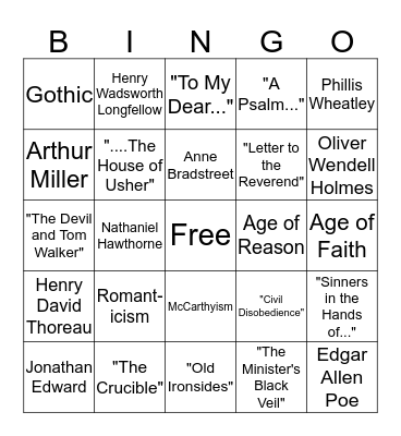 American Literature Bingo Card
