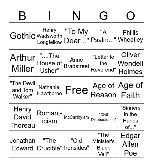American Literature Bingo Card