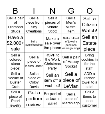 Dickinson Jewelers Bingo Card