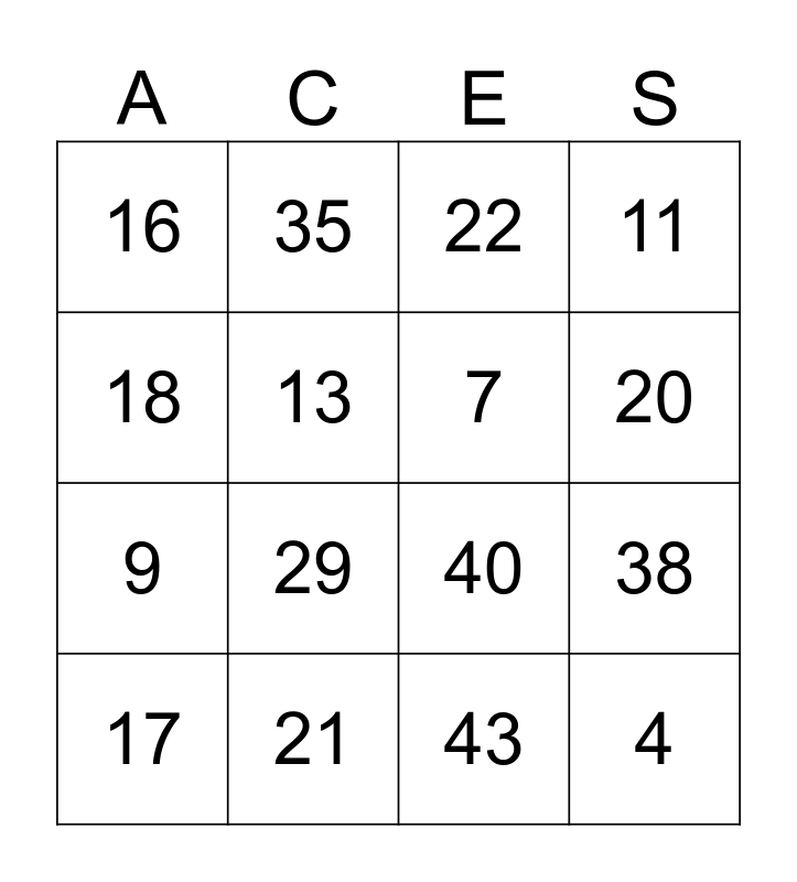 ACES Bingo Competition Bingo Card
