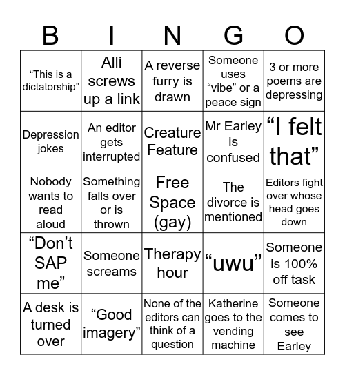 Soliloquy Bingo Card