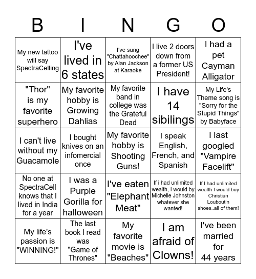 SpectraCell Bingo Card