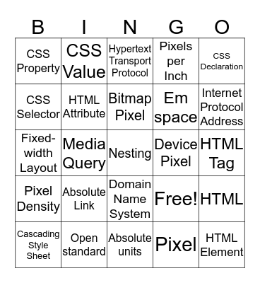 Web Design Vocab Bingo Card