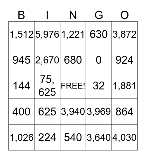 Multiplication Bingo Card
