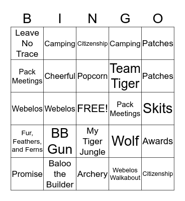 Cub Scout BINGO Card