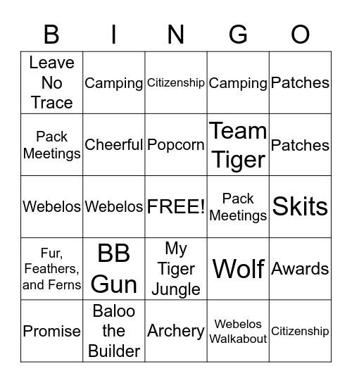 Cub Scout BINGO Card