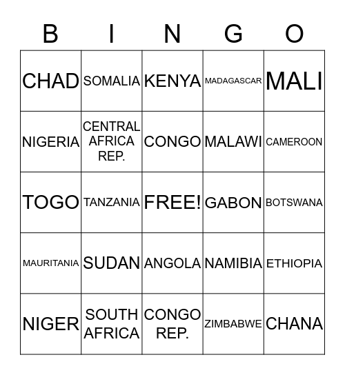 SUB SAHARAN AFRICA  Bingo Card