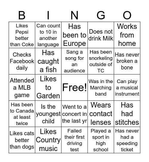 Find each other Bingo Card