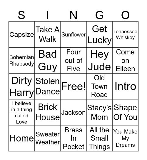 Song Bingo Card Bingo Card