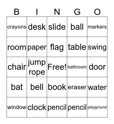 School Vocabulary 1 Bingo Card