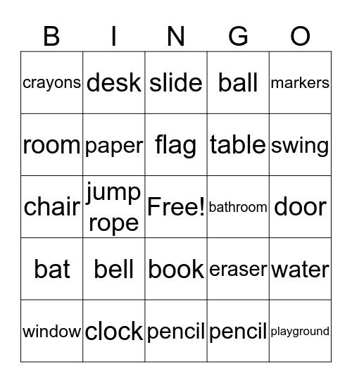 School Vocabulary 1 Bingo Card