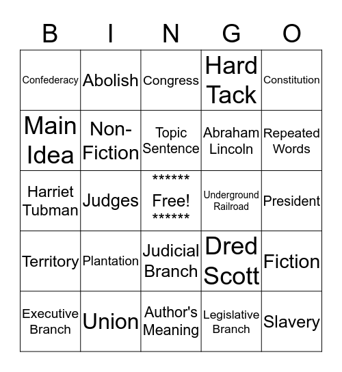 Main Idea and History Bingo Card