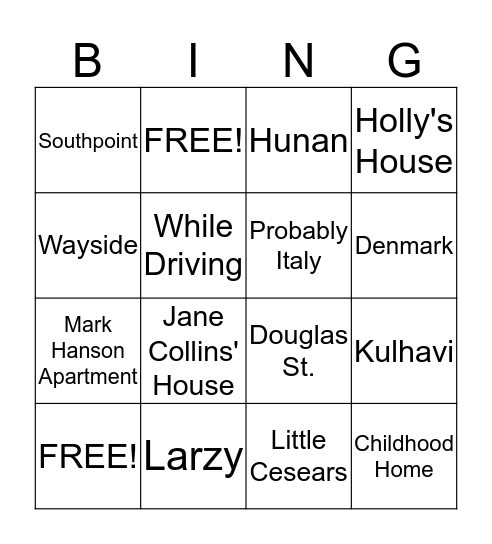 Rachel Puke Bingo Card