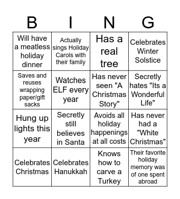 Holiday Happenings Bingo Card