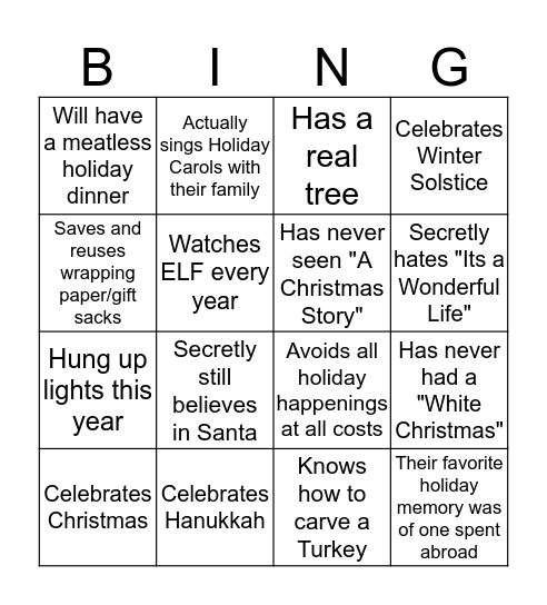 Holiday Happenings Bingo Card
