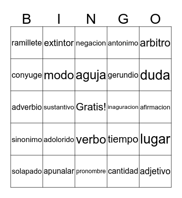 Vocabulario Bingo Card