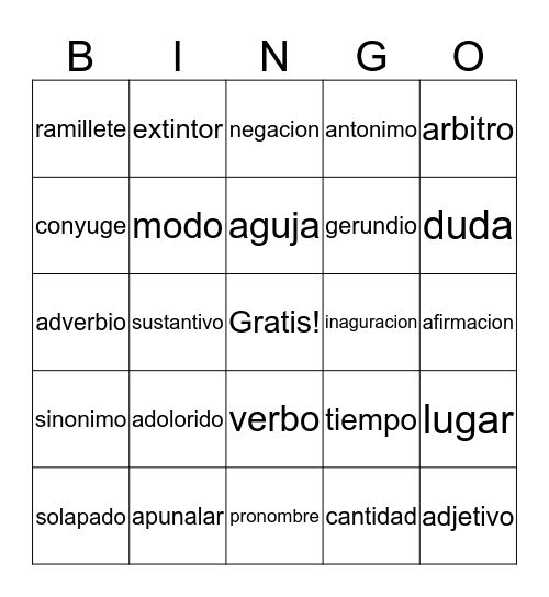 Vocabulario Bingo Card