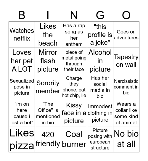 Tinder girl BINGO Card