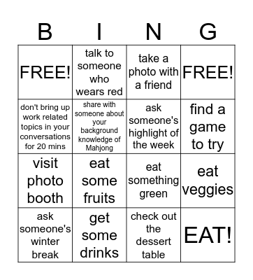 Jing Mei Staff Holiday Party Bingo Card