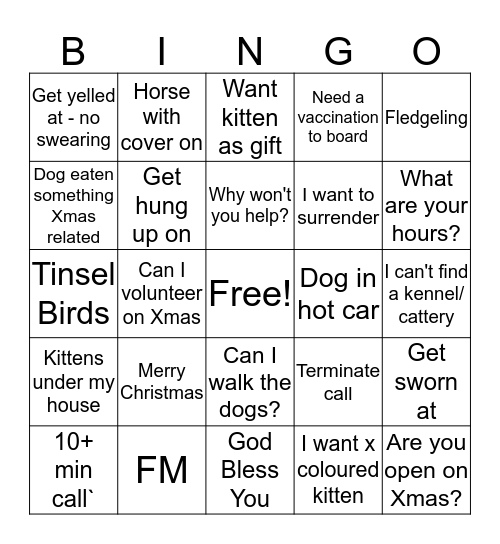 Christmas Welfare Bingo Card