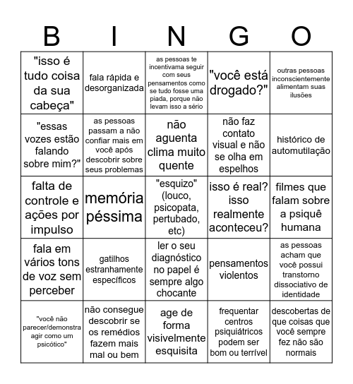 esquizofrenia (e psicose em geral) Bingo Card